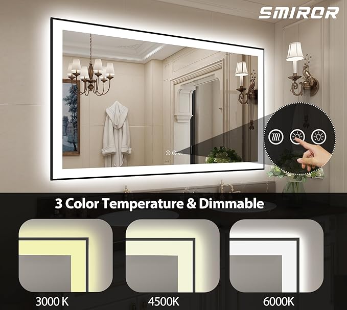 SMIROR LED Bathroom Mirror 57x36, Matte Black Framed Lighted Rectangle Vanity Mirrors for Wall, Front and Backlit, Dimmable, Anti-Fog, Memory, Shatterproof, ETL Listed (Horizontal/Vertical)
