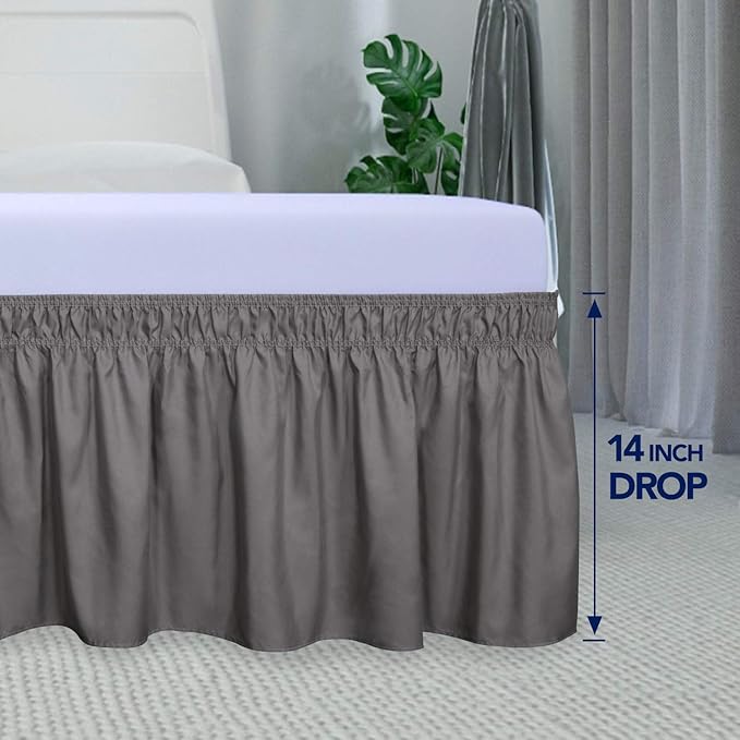 PureFit Wrap Around Ruffled Bed Skirt with Adjustable Elastic Belt - 18 Inch Drop Easy to Put On, Wrinkle Free Bedskirt Dust Ruffles, Bed Frame Cover for Twin,Twin XL and Full Size Beds, Dark Gray