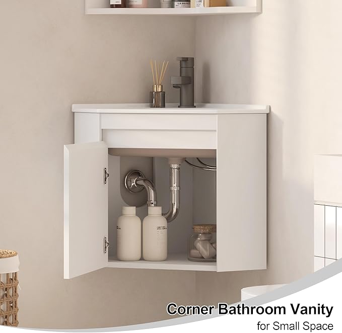 Corner Bathroom Vanity Sink Cabinet 24", Wall Mount Floating for Small Bathroom, White Ceramic Top (Faucet Not Included) (Flat Panel)