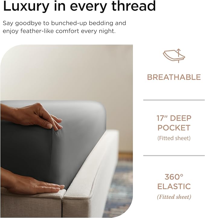 Threadmill Supima Cotton Sheets Queen | 656 Thread Count Queen Sheets for Queen Mattress | 4 Piece Luxury Bed Sheets | Sateen Weave Hotel Quality Sheet with Elasticized Deep Pocket | Dark Grey Sheet