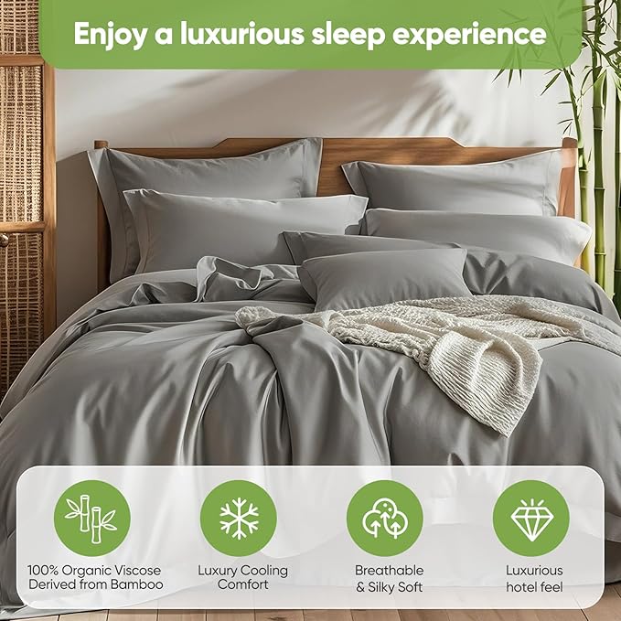 TWK Luxury Sheet Set, Genuine 100% Viscose Derived from Bamboo, Cooling & Breathable, Silky Soft, Bedding Sheets & Pillowcases (Gray, King)