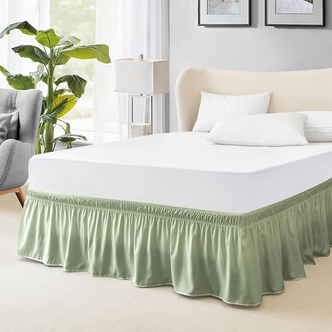 FreshCulture Twin Bed Skirt, Elastic Wrap Around Bed Skirt Twin Bed, Easy Fit with 15-Inch Tailored Drop, Hotel Quality Bed Skirts for Adjustable Bed (Sage Green)