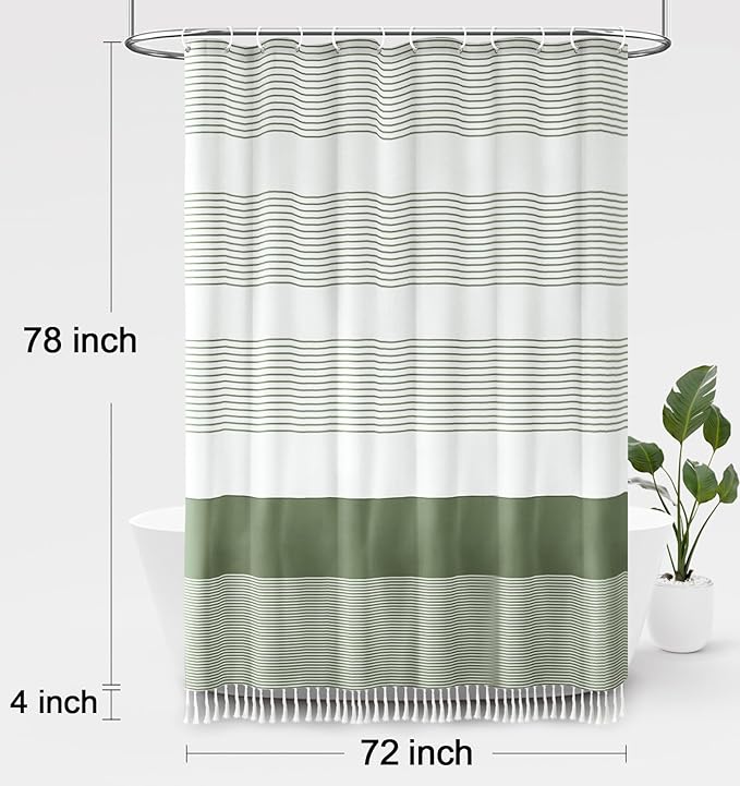 Awellife Sage Green Shower Curtain for Bathroom Stripe Tassel Shower Curtain 72 X 78 Inches Farmhouse Cotton Long