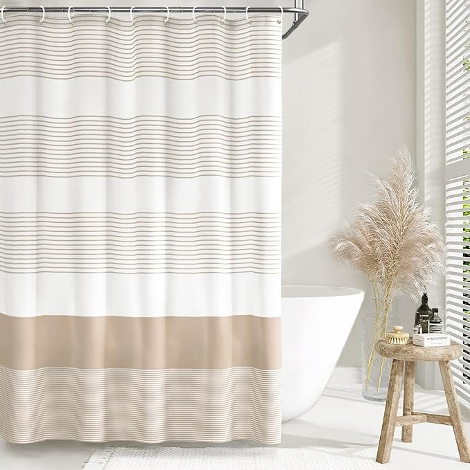 Awellife Boho Beige Shower Curtain for Bathroom Stripe Shower Curtain 72 X 72 Inches Farmhouse Cotton