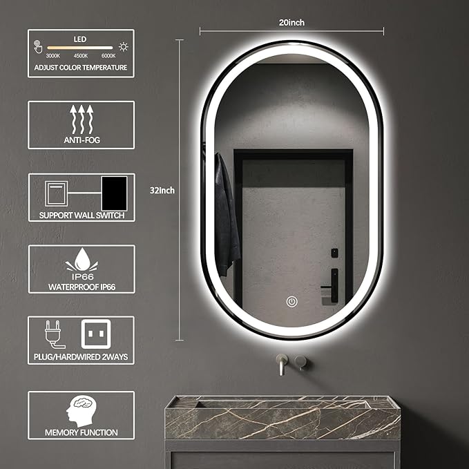 32"x20" Oval LED Bathroom Mirror with Lights, Black Anti Fog Lighted Vanity Mirror Wall Mounted, Stepless Dimmable LED Oval Mirror, Memory, ShatterProof, Front/Backlit, Horizontal/Vertical