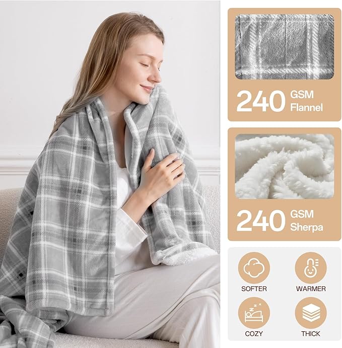 Heated Blanket Full Size, Electric Blanket 72"x84" for Bed with 8 Fast Heating Levels & 10 Hours Auto Shut-Off, Grey Plaid Warm Soft Flannel Blanket Gift for Women Grandma Machine Washable