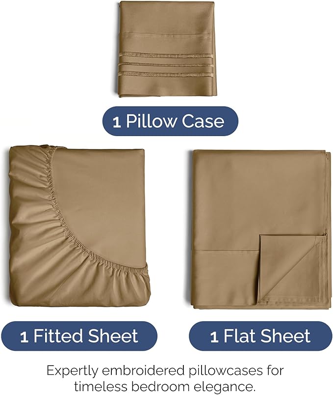 Twin Size 3 Piece Sheet Set - Extra Soft, Breathable & Cooling Sheets - Hotel Luxury Durable Bed Sheets for Women & Men - Deep Pockets, Easy-Fit & Wrinkle-Free Sheets - Caramel Oeko-Tex Bed Sheet Set