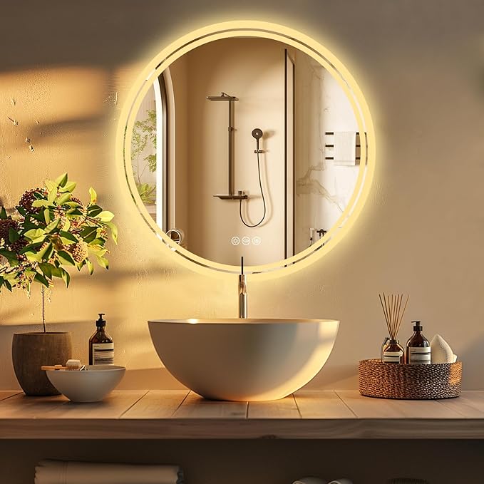 LUVODI Lighted LED Bathroom Mirror: 32” Circle Wall Mounted Large Lighted Makeup Mirror with Bright Back Lit - Illuminated Dimmable 3 Colors Vanity Mirrors with Demister Pad Smart Touch Switch