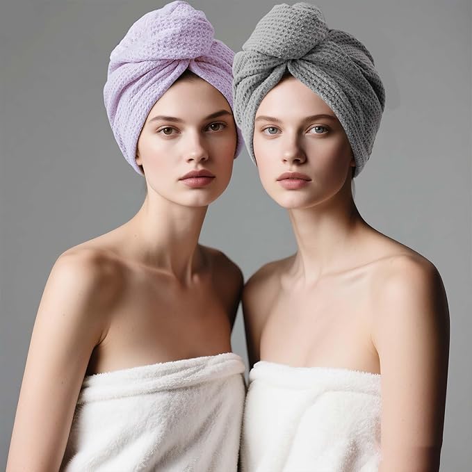 2 Pack Microfiber Hair Towel Wrap for Women, 32" x 11" Waffle Weave Hair Plopping Towel for Curly, Long & Thick Hair, Anti-Frizz Hair Turbans for Wet Hair (Lavender, Grey)
