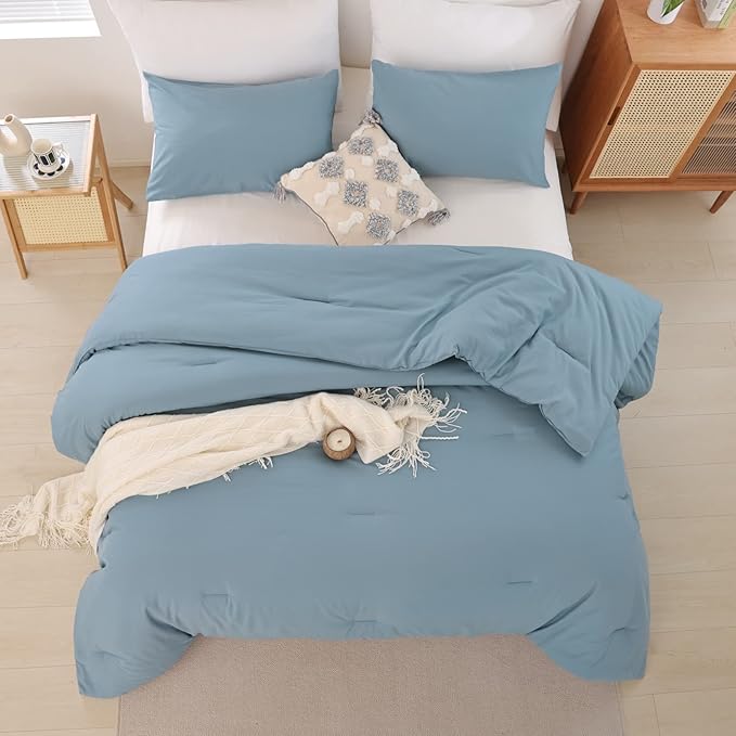 ROSGONIA Comforter Full Size for Boys Teen Girls Dusty Blue, 3pcs (1 Boho Comforter & 2 Pillowcases), Lightweight Dorm Bedding Soft All Season Bed Set
