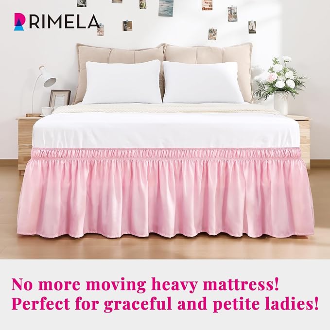 RIMELA Dusty Pink Bed Skirt King Size 15 Inch Drop, Wrap Around Elastic Bedskirt, Dust Ruffle for Adjustable Bed Base Machine Washable Easy to Install Bed Skirts