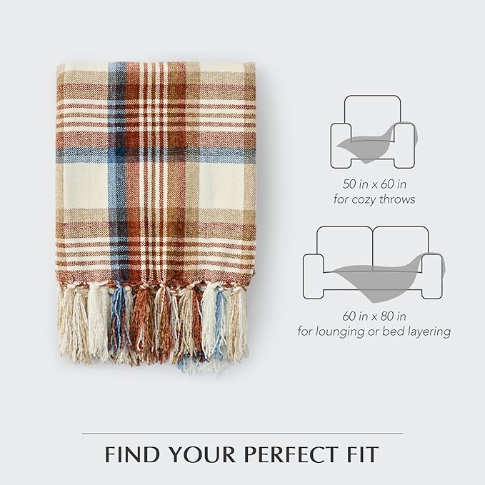 EVERGRACE Plaid Chenille Throw Blanket for Couch, Super Soft Cozy Decorative Fall Throw Blanket with Tassels for Bed Sofa Farmhouse Decor, Lightweight Harvest Plaid Throw Blanket for Autumn, 60"x80"