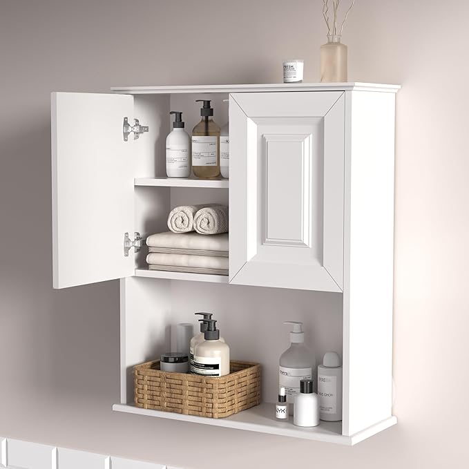 Bathroom Wall Cabinet Wooden with 2 Doors,Over the Toilet Storage Cabinet,Bathroom and Laundry Wall Mount Storage Medicine Cabinet with Open and Adjustable Shelf,Easy Assembly (Style B-1 PC, White)