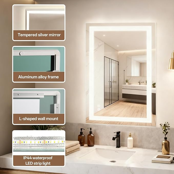 MISSDAY LED Bathroom Mirror,24x36 Inch Gradient Front and Backlit LED Mirror for Bathroom, 3 Colors Dimmable CRI>90 Double Lights, IP54 Enhanced Anti-Fog, Hanging Plates Vanity Mirror with Lights