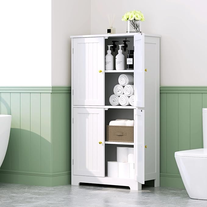 Bathroom Floor Storage Cabinet, 44.5" Freestanding Bathroom Cabinet with 4 Doors and Adjustable Shelves Modern Cupboard for Entryway, Living Room, Kitchen (White)