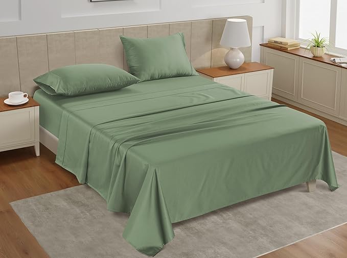 LANE LINEN King Size Sheets Set – 450 Thread Count Long-Staple 100% Cotton Bed Sheets, Naturally Cool & Durable for Everyday Use, Elasticised 15" Deep Pocket Fitted Sheet – Iceberg Green