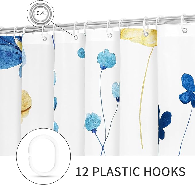 Gibelle Watercolor Floral Shower Curtain, Blue Yellow Flower Shower Curtain for Bathroom, Modern Minimalist Waterproof Fabric Shower Curtain Set with Hooks 72x72 Inch