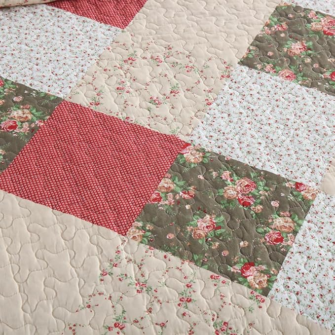 ENASAL Cotton Bedspread Quilt Bedding Sets Reversible Coverlet Sets Comforters Rose Floral Purple White Patchwork Pattern Bedspread for All Season, Queen Size