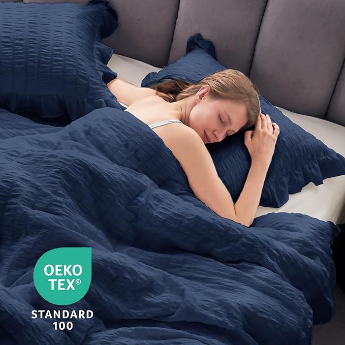 JOLLYVOGUE Navy Blue King Comforter Set, 3 Pieces Seersucker Comforters King Size, Lightweight & Fluffy Bedding Sets King for All Season with 1 Ruffle Comforter and 2 Ruffle Pillowshams