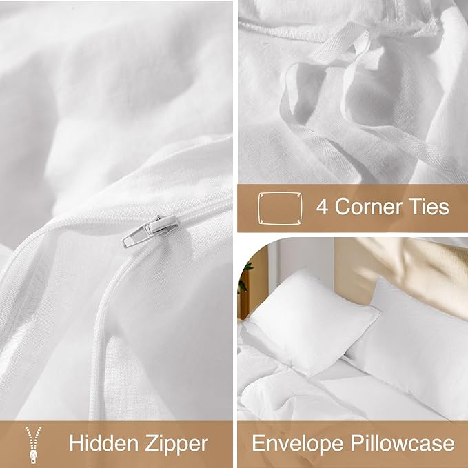 SONORO KATE 100% French Linen Duvet Cover, Soft Breathable for Hot Sleepers, Moisture Wicking & Durable Cover Set - Zipper Closure & 4 Corner Ties Duvet Covers 3 Piece (White,Cal King)