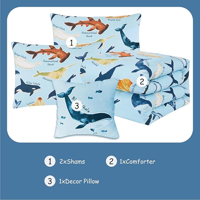 Kids Comforter Set Full Size for Boys, Glow in The Dark Sea World Bedding Set 1 Comforter, 1 Decor Pillow, 2 Pillow Shams
