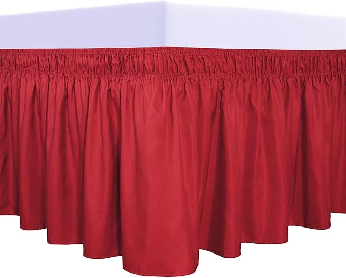 PureFit Wrap Around Ruffled Bed Skirt with Adjustable Elastic Belt - 18 Inch Drop Easy to Put On, Wrinkle Free Bedskirt Dust Ruffles, Bed Frame Cover for Queen, King and C-King Size Beds, Red
