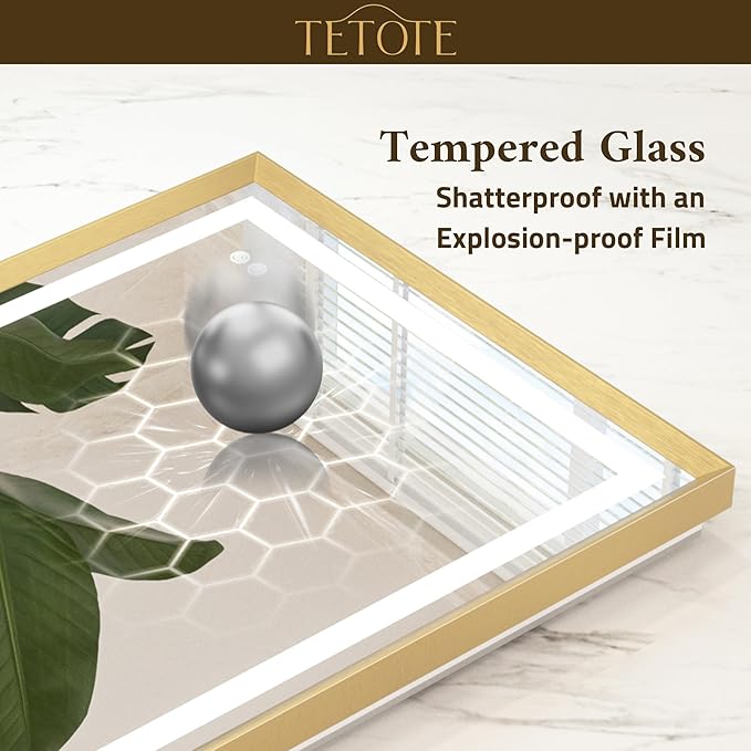 TETOTE Led Bathroom Mirror 30 x 30 with Brushed Gold Frame Anti-Fog Frontlit & Backlit Vanity Mirror Stepless Dimmable Lighted Mirrors for Bathroom Wall 3 Colors White/Warm/Natural Wall-Mounted