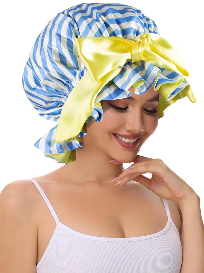Silk Bonnet, Satin Hair Shower Cap for Sleeping Women 2025 Tie Band Adjustable Straps Head Wrap for Curly Hair Blue Stripe F