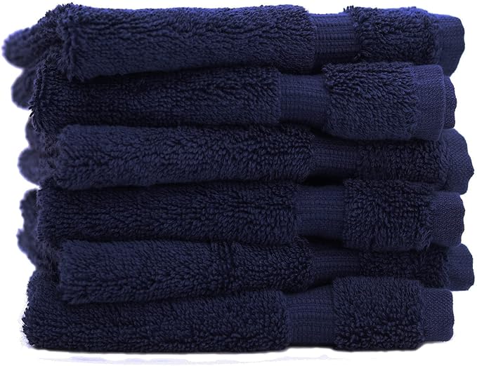Luxury Hotel & Spa Towel Turkish Cotton Washcloths - Navy - Dobby Border - Set of 6