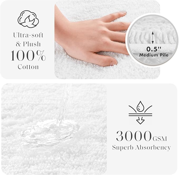 Madison Park Splendor Reversible 100% Cotton Tufted Bathroom Rug-3000 GSM Hotel Quality Luxurious Plush Medium Pile Bath Mat Absorbent, Quick Dry, Shower Room Décor, 20x30, White