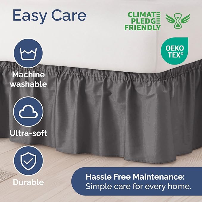 Wrap Around Dust Ruffle Bed Skirt - Dark Grey - Twin/Twin XL Size Beds with 24 Inch Drop - Elastic Strap - Adjustable Pleated Bedskirt with Brushed Fabric and Wrinkle Free - Women, Men, Kids & Teens