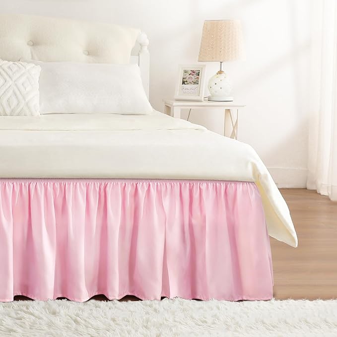 RIMELA Dusty Pink Bed Skirt King Size 18 Inch Drop, Wrap Around Elastic Bedskirt, Dust Ruffle for Adjustable Bed Base Machine Washable Easy to Install Bed Skirts