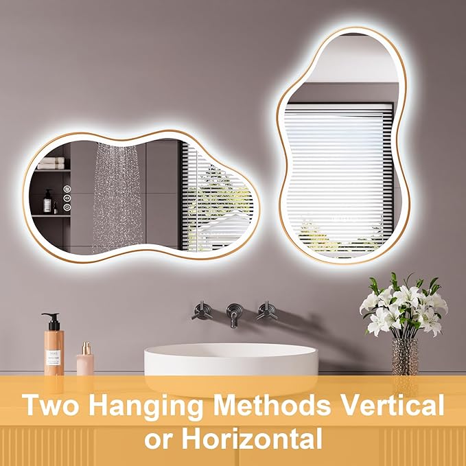 WTTY LED Irregular Bathroom Mirror 20x36 Inch with Front & Back Lights - Asymmetrical Design, Anti-Fog, Dimmable 3 Color Temperatures, Shatterproof Glass, Horizontal or Vertical Mount (Gold Frame)