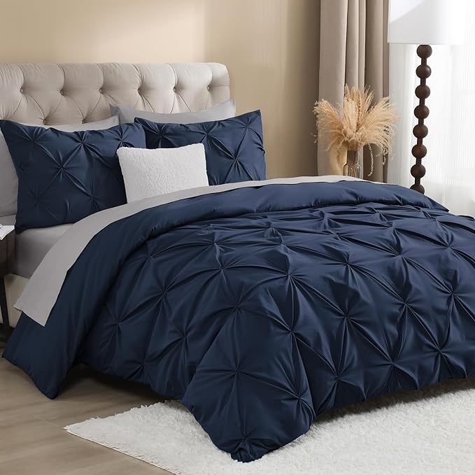 Litanika Navy Blue Oversized King Pinch Pleat Duvet Cover, 3 Pieces Pintuck Cover Soft Microfiber Bedding Set with Zipper Closure & Corner Ties(1 Duvet Cover, 2 Pillowcases)