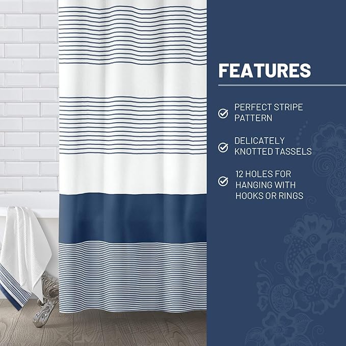 Awellife Boho Navy Blue Shower Curtain for Bathroom Stripe Shower Curtain 72 X 72 Inches Farmhouse Cotton
