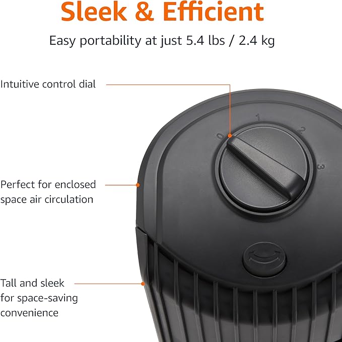 Amazon Basics 28" 60-Degree Oscillating Tower Fan for Bedroom, Living Room, Office, With 3 Speeds, Intuitive Mechanical Control, Black, 35W, 27.8"H x 9.4"D x 9.4"W