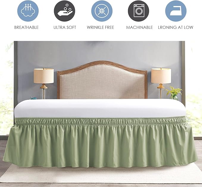 FreshCulture Queen Bed Skirt, Elastic Wrap Around Bed Skirt Queen Size, Bed Skirts for Adjustable Bed, Easy Fit with 22 Inch Drop Length, Hotel Quality Dust Ruffle for Queen Bed (Sage Green)