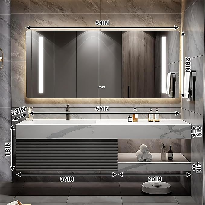Bathroom Vanity 56 inch, Single Sink Floating Vanity Set Includes Anti-Fog LED Mirror Cabinet, Slate Countertop and Wall-Mount Sink Cabinet, Modern Bathroom Vanities(Greyish Black)
