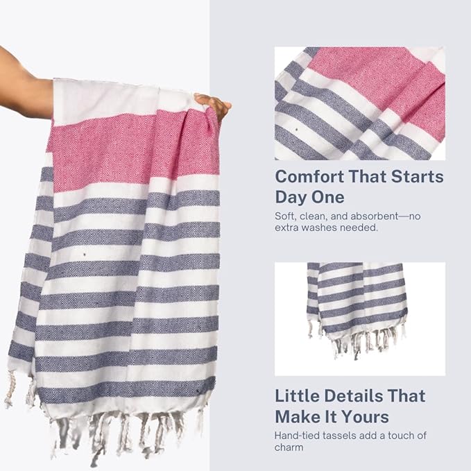 Cotton Turkish Beach Towel with Towels Oversized 36"x72" Pool Absorbent Extra Large Quick Dry Sand Travel Towel (Rosé & Riviera, 4 Pack)
