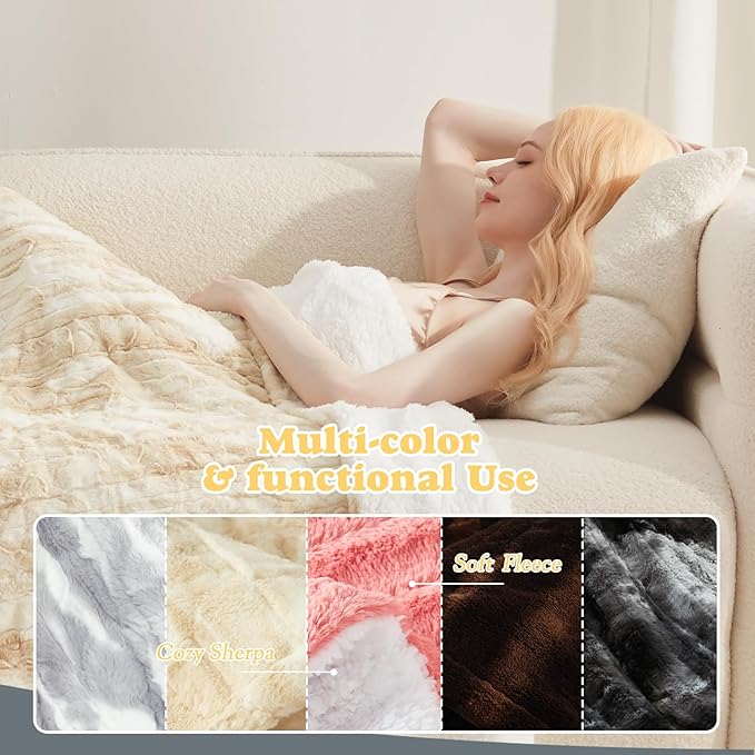 Heated Throw Blanket Faux Fur & Sherpa, Safe Electric Blanket ETL & FCC Certified, Soft Warm 6 Heating Levels & 4 Hours Auto-Off, Machine Washable, 50"x60" Beige