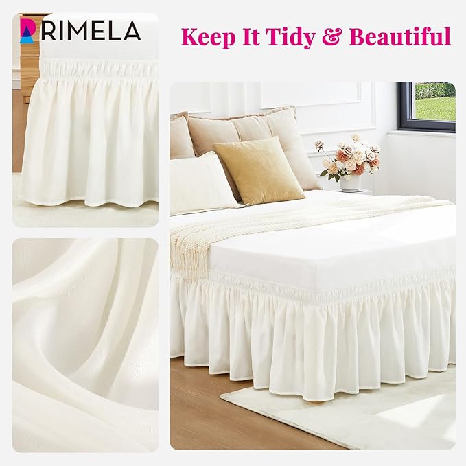 RIMELA Warm White Bed Skirt King Size 12 Inch Drop, Wrap Around Elastic Adjustable Bedskirt, Bed skirting Dust Ruffle for Bed Frame & Box Spring Soft Durable Fabric Machine Washable Easy to Install