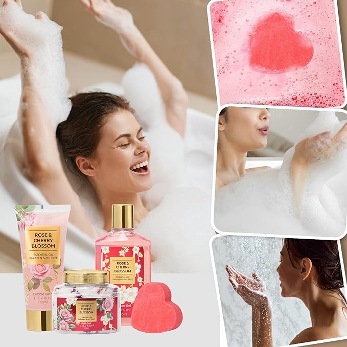 Christmas Gifts for Women - 9 Pcs Rose Bath and Body Gift Basket Set for Women, Spa Gift Set with Shower Gel | Pampering Gifts for Valentine's, Birthday, Mothers Day Gifts for Mom, Gift Sets for Her