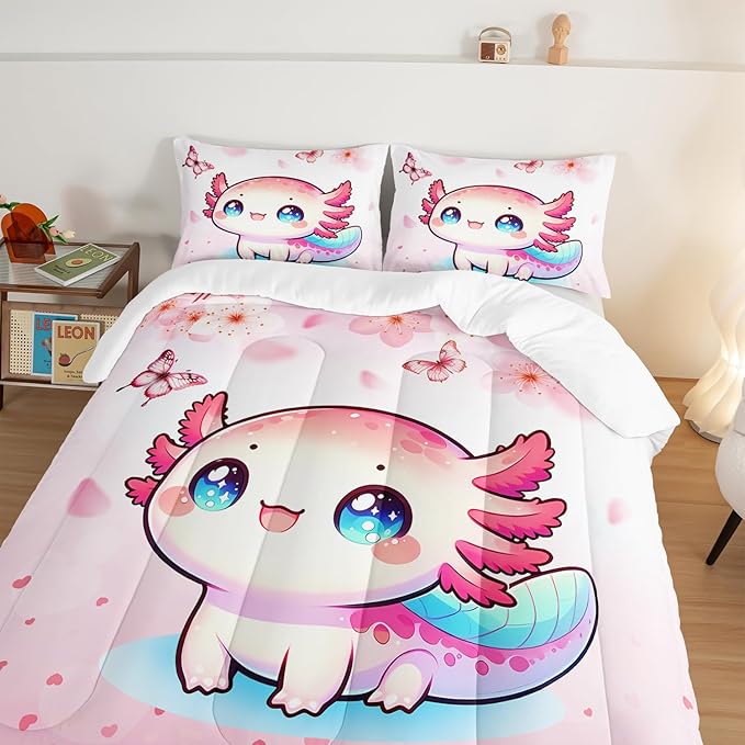 Cartoon Axolotl Comforter Kids Bedding Set,Cute Axolotl Flower Butterfly Bedding Full Size for Toddler Girls Room Kawaii Decor,Pink Series Kids Comforter Sets with 2 Pillowcases.