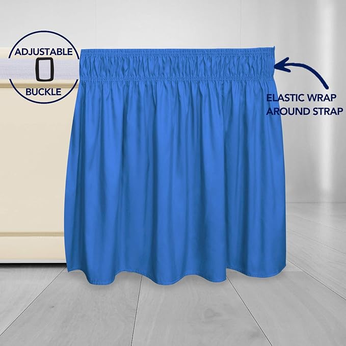 PureFit Wrap Around Ruffled Bed Skirt with Adjustable Elastic Belt - 14 Inch Drop Easy to Put On, Wrinkle Free Bedskirt Dust Ruffles, Bed Frame Cover for Queen, King and C-King Size Beds, Blue