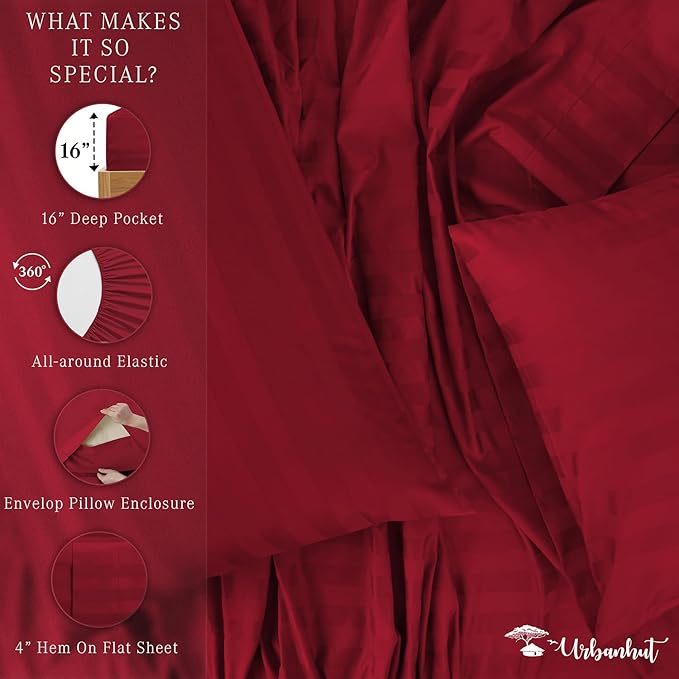 URBANHUT 1000 Thread Count Damask Striped Full Bed Sheets Egyptian Cotton Sheet Set, Long Staple Soft & Breathable, 4 Pc Bed Sheet Sets, Luxury Hotel Sateen Sheets Fits 16" Deep Pocket - Burgundy