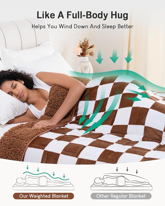 Checkerboard Weighted Blanket Queen Size 15 lbs for Adults, Fluffy Sherpa Luxurious Flannel Heavy Weighted Blankets for Bed Couch Sofa, Ultra Soft Cozy Bed Blanket, Plaid Khaki, 60" x 80"