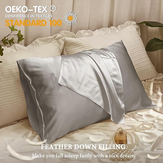 BHZ Satin Goose Down Feather Pillows King Size with Satin Pillowcase for Hair and Skin, Cooling Pillow Cases Similar to Silk Pillow Cases, Decorative for Women, Mom Men, Grey