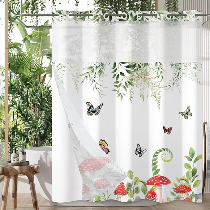 Spring Shower Curtain No Hooks with Snap-in Fabric Liner Set,Green Leaf Mushroom Butterfly Shower Curtain for Bathroom,Hotel Decor Waterproof Shower Curtains,with See Through Top Window,71W x 74H