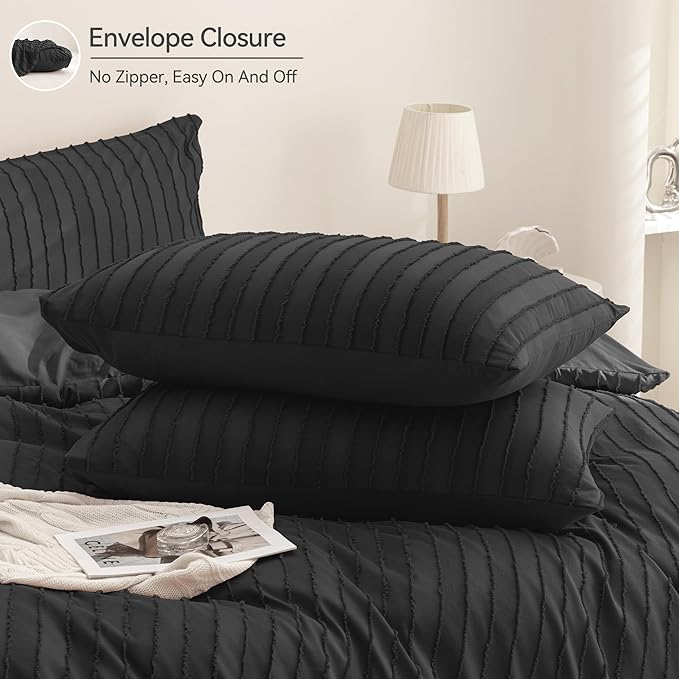JELLYMONI Duvet Cover Full Size Black - 3PCS Boho Striped Duvet Cover Set Polyester Tufted Bohemian Textured Comforter Cover with Corner Ties & Zipper Closure