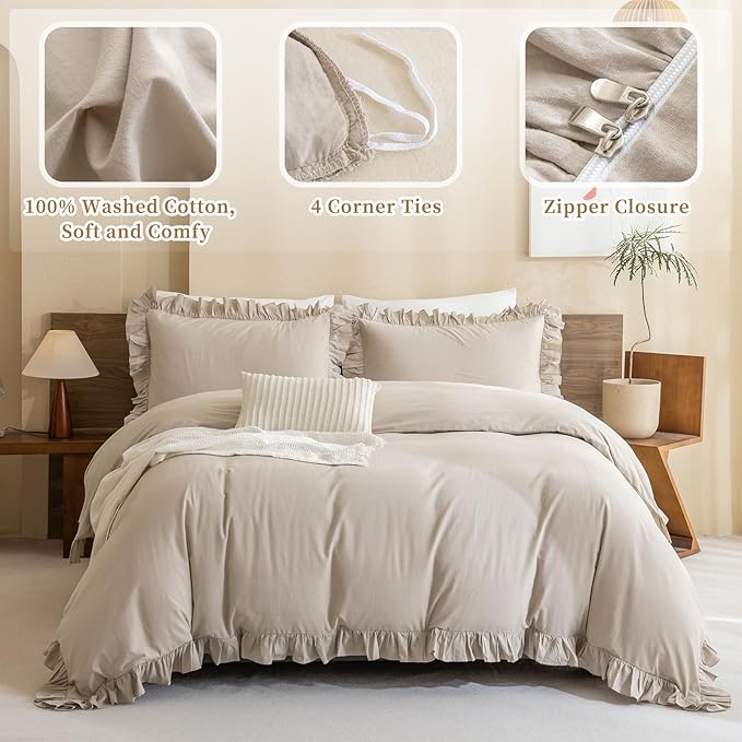 QSH Washed Cotton Queen Duvet Cover Set Ruffle Duvet Cover Linen Textured Farmhouse Shabby Vintage Chic Bedding Comforter Cover 3 PCs Aesthetic French Country Queen Bed Set